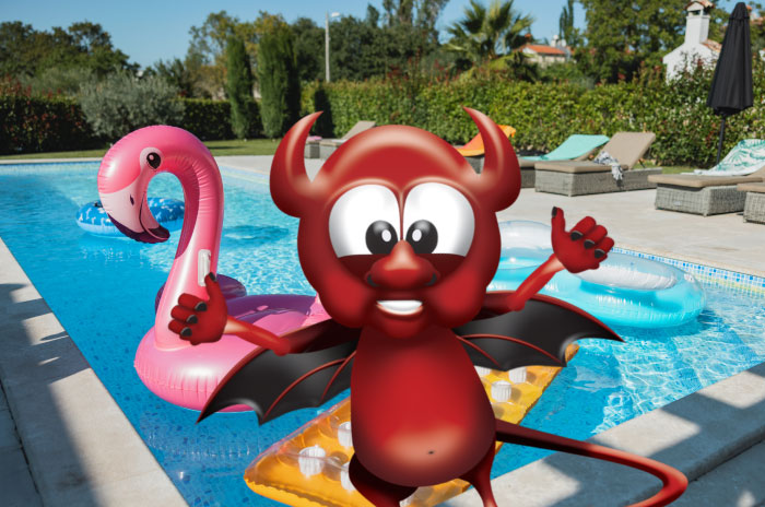 Quote Devil mascot in front of the Leaning Tower of Pisa on a sunny day