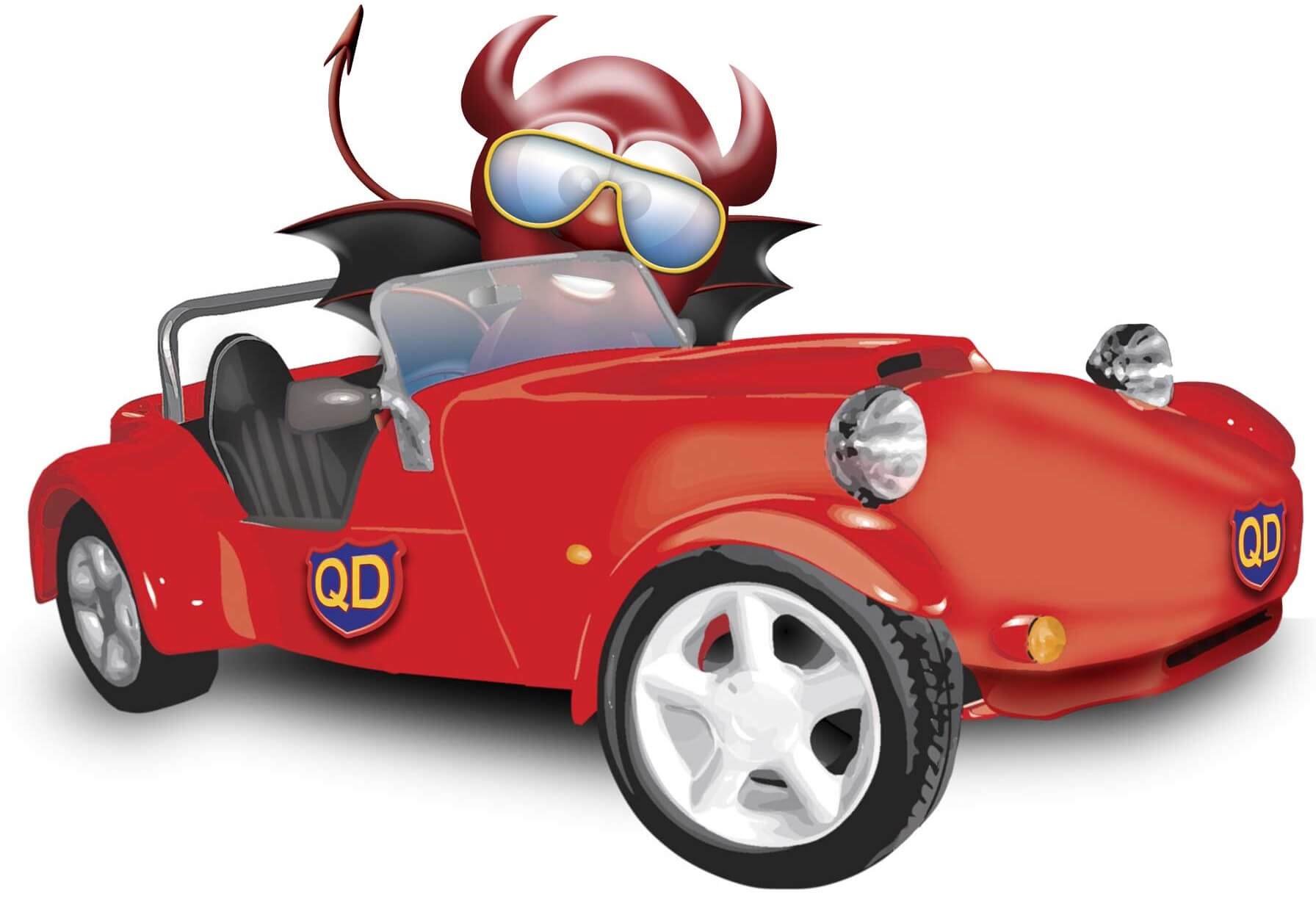 Quote Devil mascot in a car