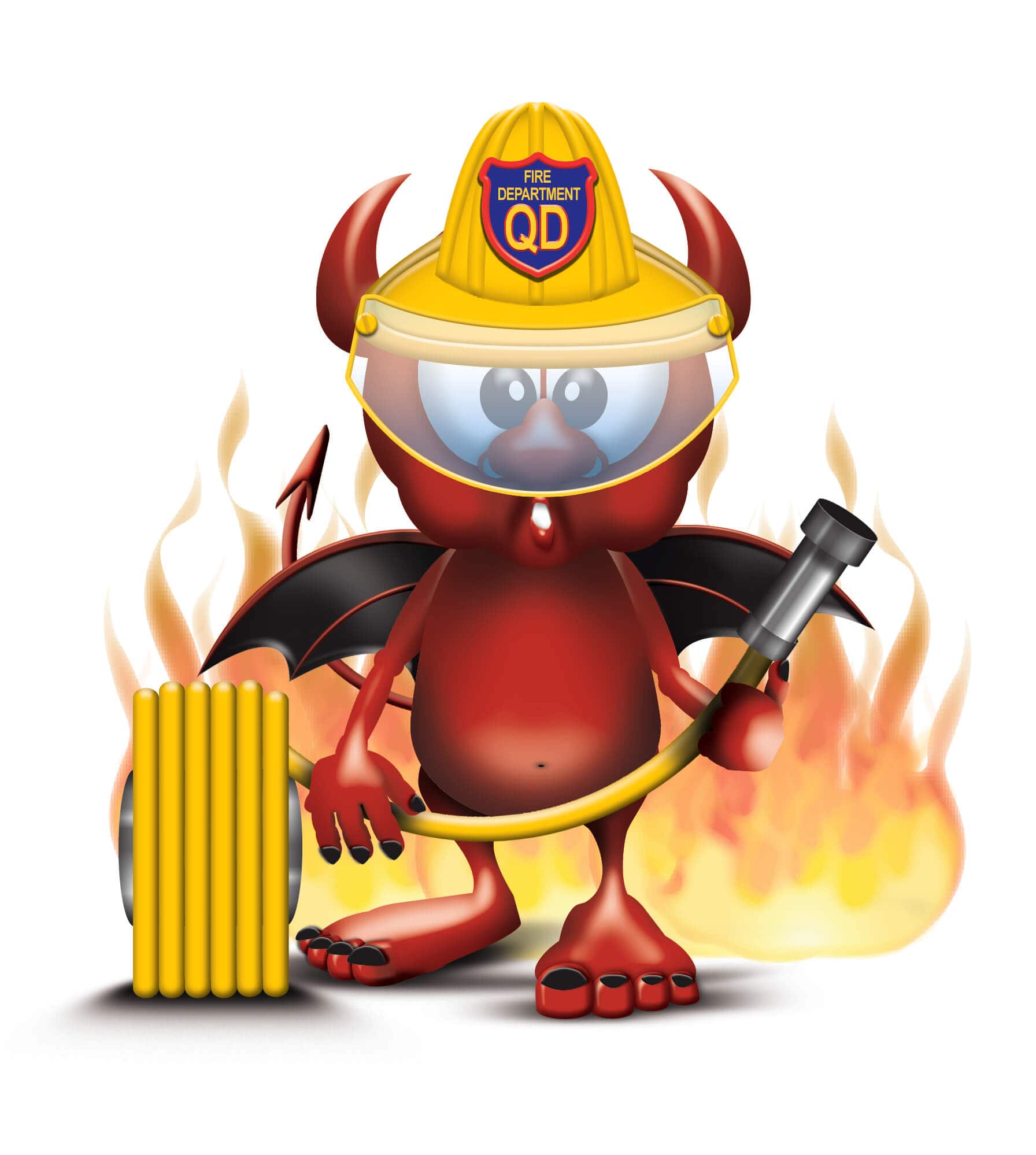 Quote devil mascot with a firehose