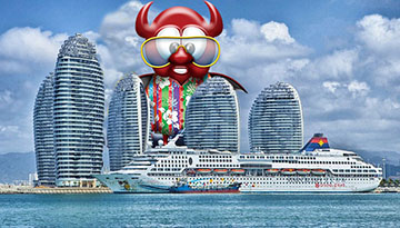 QuoteDevil Mascot behind a cruise ship