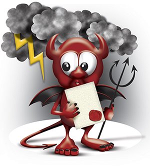 Quote devil mascot with with a storm cloud above it