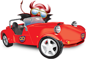 Quote devil mascot in a car