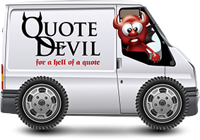 Quote devil mascot in a van